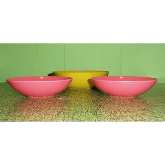 Vintage Pink & Mustard Yellow Sun Valley Melmac Snack Bowl Set of 3 mcm serving - Picture 7 of 10